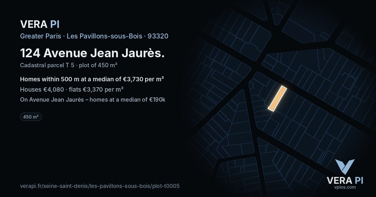 124 Avenue Jean Jaurès, Les Pavillons-sous-Bois at night – the plot lit, the parcels around coloured by the prices near them