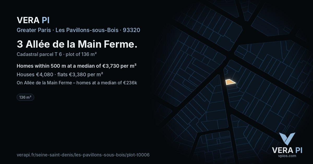 3 Allée de la Main Ferme, Les Pavillons-sous-Bois at night – the plot lit, the parcels around coloured by the prices near them