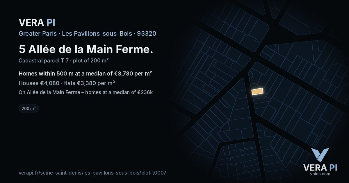 5 Allée de la Main Ferme, Les Pavillons-sous-Bois at night – the plot lit, the parcels around coloured by the prices near them