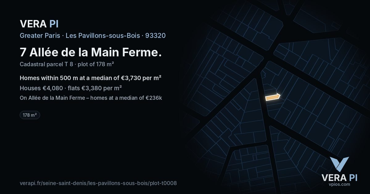 7 Allée de la Main Ferme, Les Pavillons-sous-Bois at night – the plot lit, the parcels around coloured by the prices near them