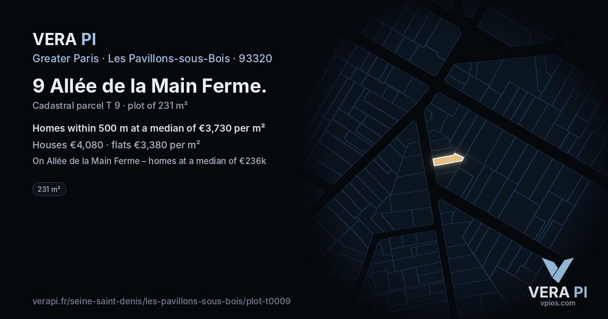 9 Allée de la Main Ferme, Les Pavillons-sous-Bois at night – the plot lit, the parcels around coloured by the prices near them