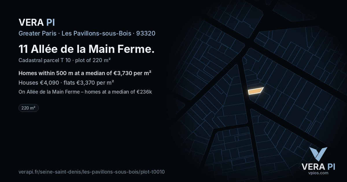 11 Allée de la Main Ferme, Les Pavillons-sous-Bois at night – the plot lit, the parcels around coloured by the prices near them