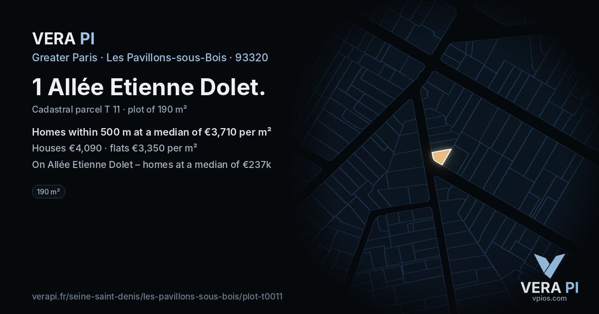 1 Allée Etienne Dolet, Les Pavillons-sous-Bois at night – the plot lit, the parcels around coloured by the prices near them