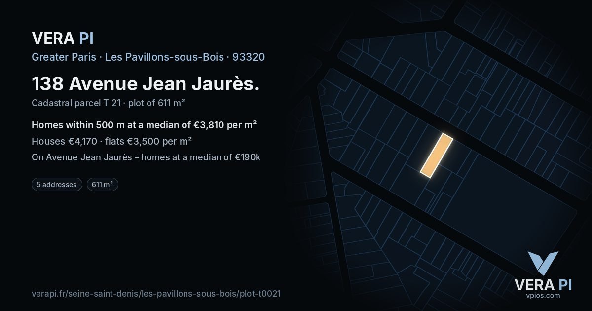 138 Avenue Jean Jaurès, Les Pavillons-sous-Bois at night – the plot lit, the parcels around coloured by the prices near them