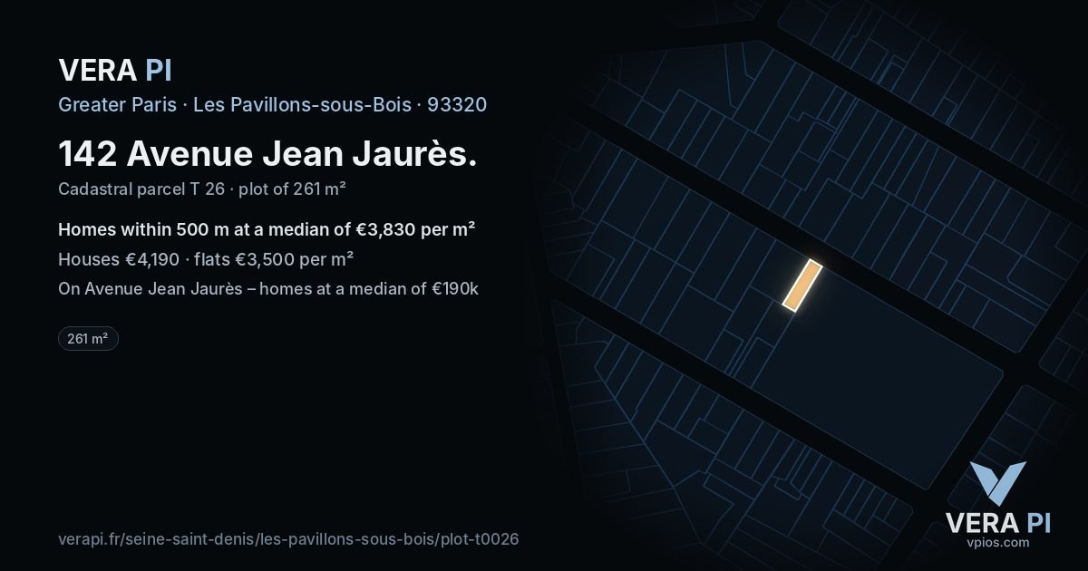 142 Avenue Jean Jaurès, Les Pavillons-sous-Bois at night – the plot lit, the parcels around coloured by the prices near them
