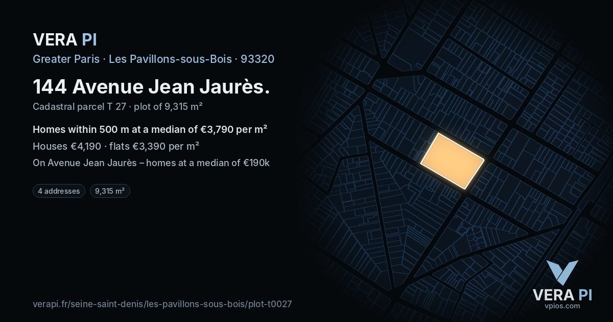 144 Avenue Jean Jaurès, Les Pavillons-sous-Bois at night – the plot lit, the parcels around coloured by the prices near them