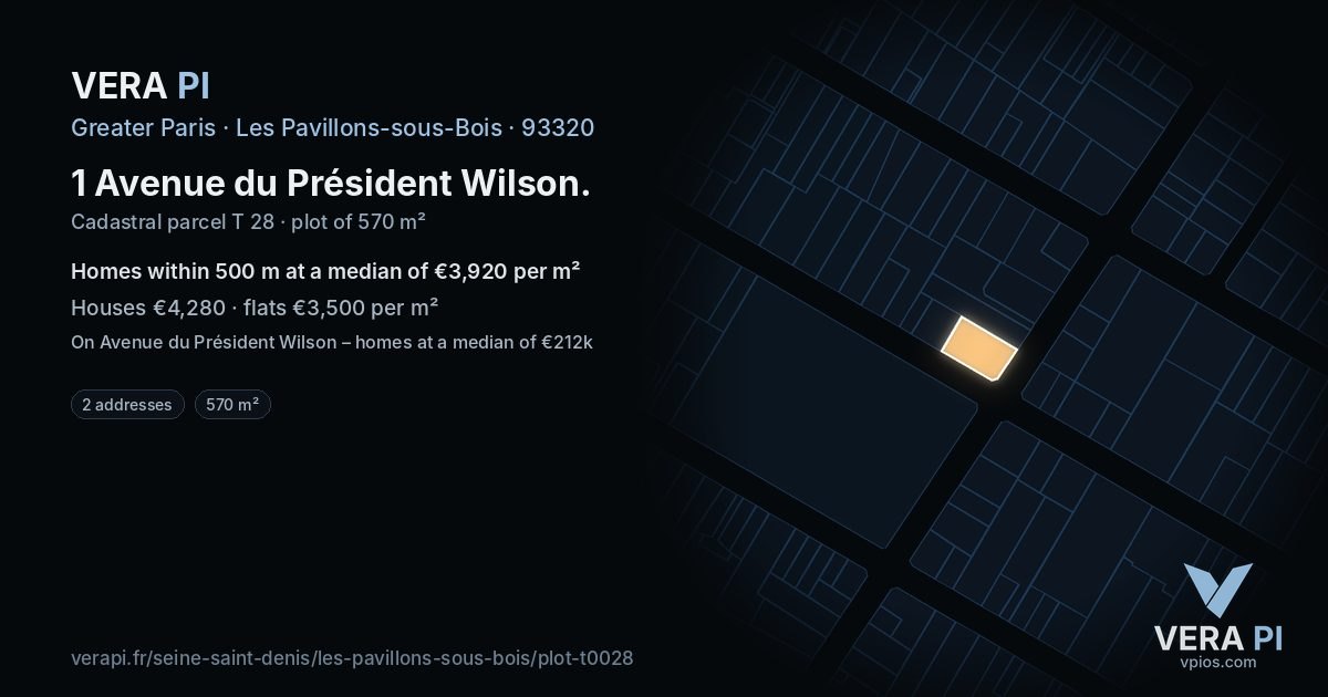 1 Avenue du Président Wilson, Les Pavillons-sous-Bois at night – the plot lit, the parcels around coloured by the prices near them