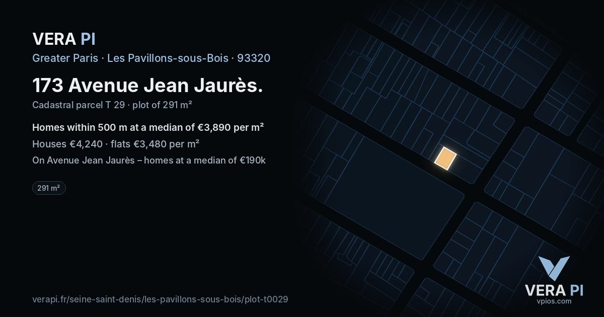173 Avenue Jean Jaurès, Les Pavillons-sous-Bois at night – the plot lit, the parcels around coloured by the prices near them