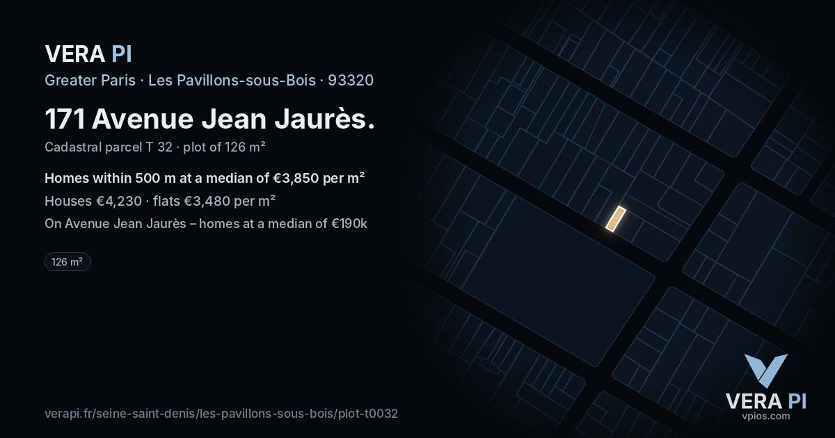 171 Avenue Jean Jaurès, Les Pavillons-sous-Bois at night – the plot lit, the parcels around coloured by the prices near them