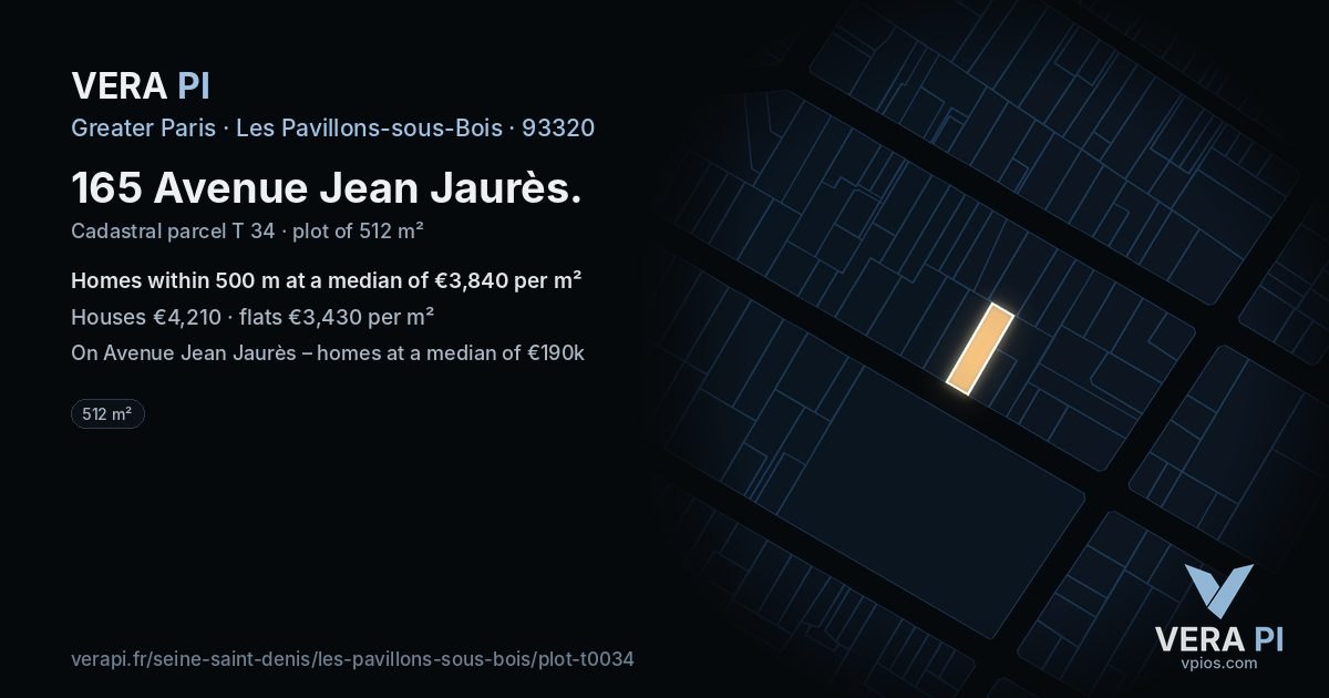 165 Avenue Jean Jaurès, Les Pavillons-sous-Bois at night – the plot lit, the parcels around coloured by the prices near them