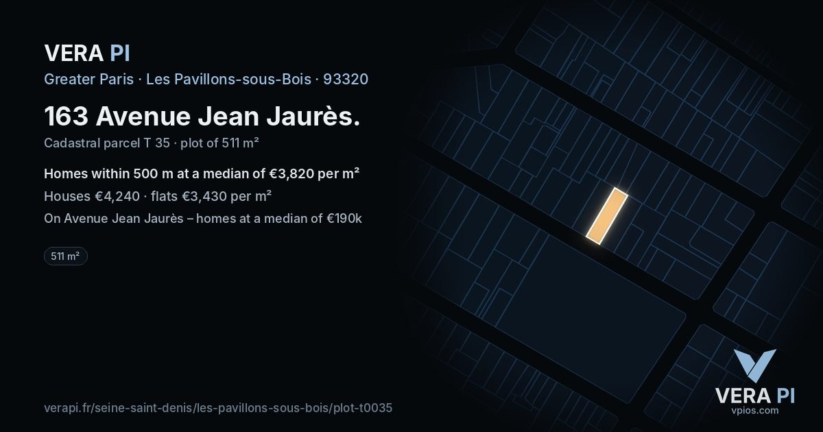 163 Avenue Jean Jaurès, Les Pavillons-sous-Bois at night – the plot lit, the parcels around coloured by the prices near them
