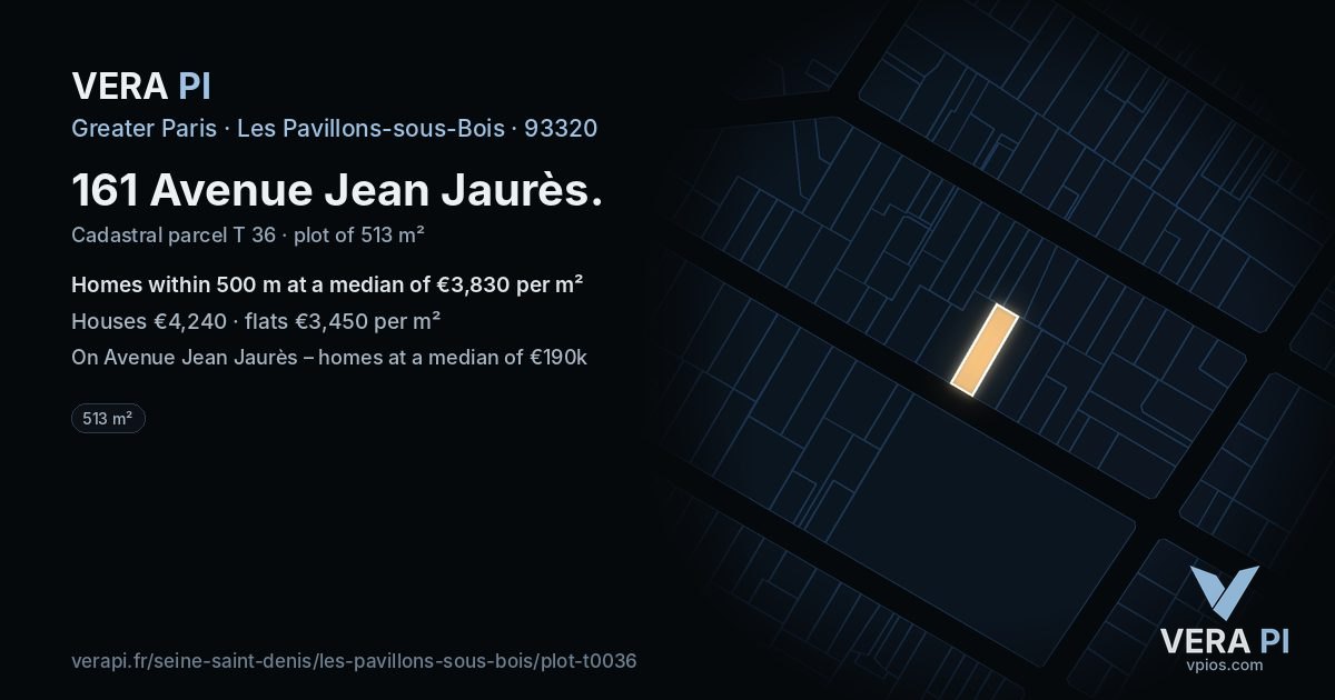 161 Avenue Jean Jaurès, Les Pavillons-sous-Bois at night – the plot lit, the parcels around coloured by the prices near them