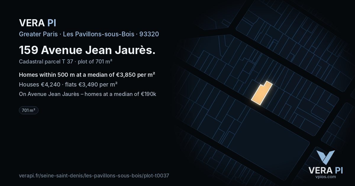 159 Avenue Jean Jaurès, Les Pavillons-sous-Bois at night – the plot lit, the parcels around coloured by the prices near them