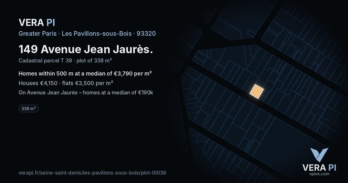 149 Avenue Jean Jaurès, Les Pavillons-sous-Bois at night – the plot lit, the parcels around coloured by the prices near them