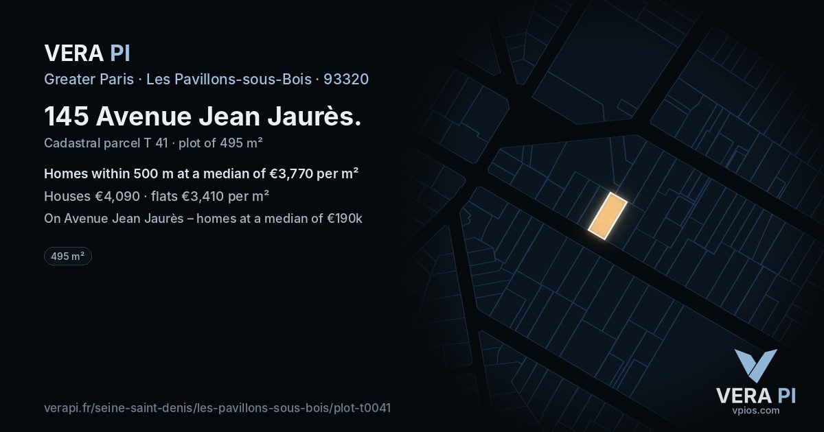 145 Avenue Jean Jaurès, Les Pavillons-sous-Bois at night – the plot lit, the parcels around coloured by the prices near them