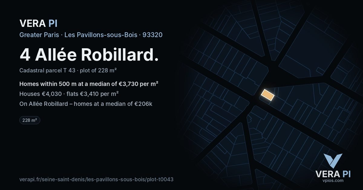 4 Allée Robillard, Les Pavillons-sous-Bois at night – the plot lit, the parcels around coloured by the prices near them