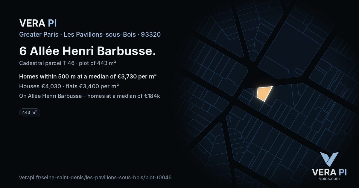 6 Allée Henri Barbusse, Les Pavillons-sous-Bois at night – the plot lit, the parcels around coloured by the prices near them