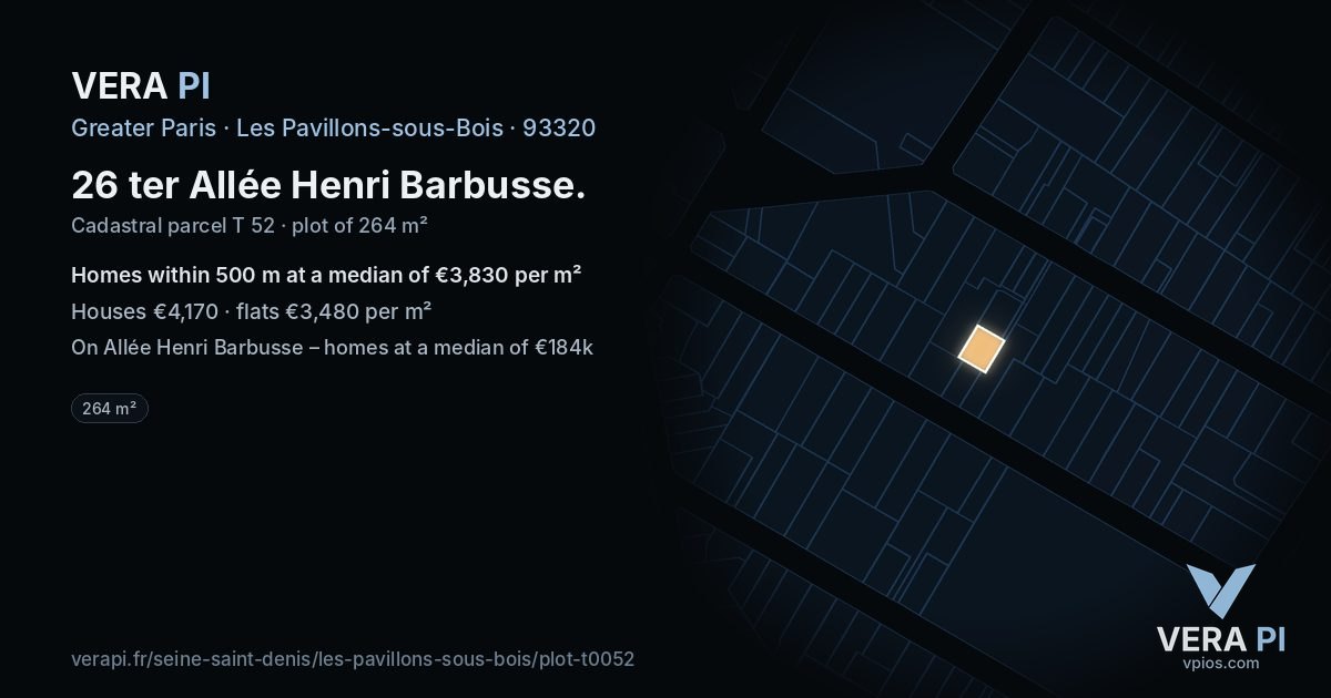 26 ter Allée Henri Barbusse, Les Pavillons-sous-Bois at night – the plot lit, the parcels around coloured by the prices near them
