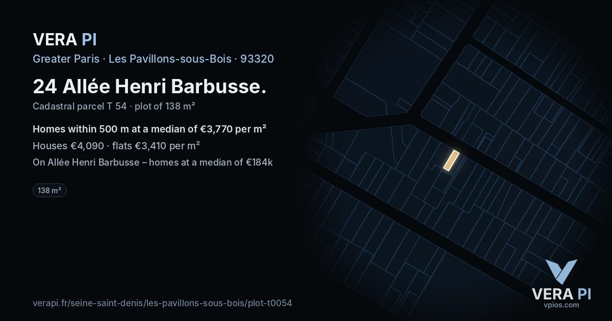 24 Allée Henri Barbusse, Les Pavillons-sous-Bois at night – the plot lit, the parcels around coloured by the prices near them