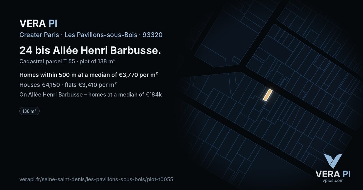 24 bis Allée Henri Barbusse, Les Pavillons-sous-Bois at night – the plot lit, the parcels around coloured by the prices near them