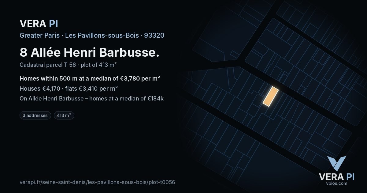 8 Allée Henri Barbusse, Les Pavillons-sous-Bois at night – the plot lit, the parcels around coloured by the prices near them