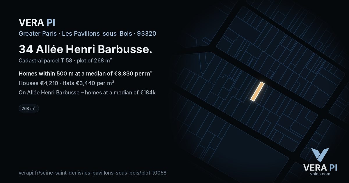 34 Allée Henri Barbusse, Les Pavillons-sous-Bois at night – the plot lit, the parcels around coloured by the prices near them