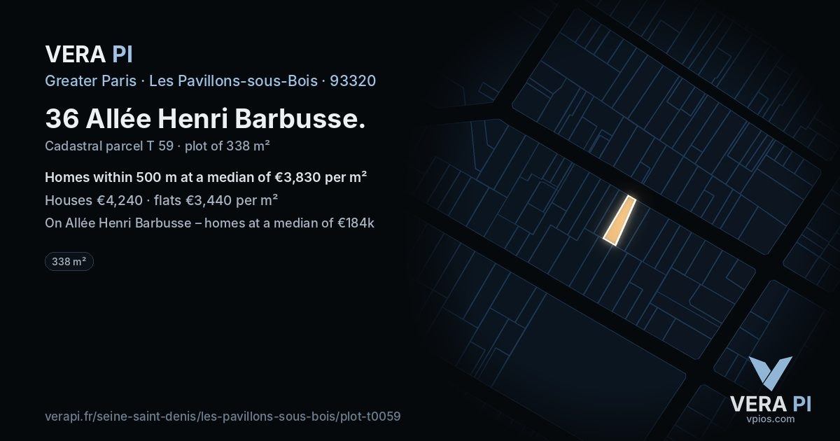 36 Allée Henri Barbusse, Les Pavillons-sous-Bois at night – the plot lit, the parcels around coloured by the prices near them