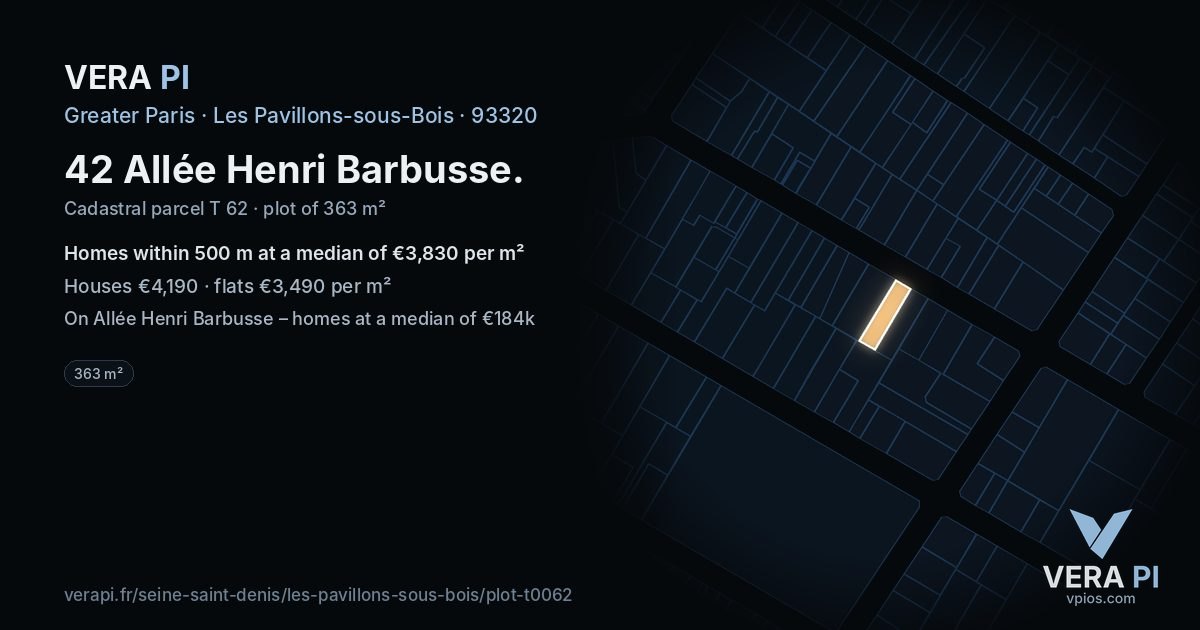 42 Allée Henri Barbusse, Les Pavillons-sous-Bois at night – the plot lit, the parcels around coloured by the prices near them