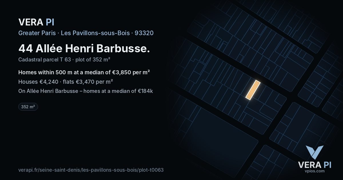 44 Allée Henri Barbusse, Les Pavillons-sous-Bois at night – the plot lit, the parcels around coloured by the prices near them