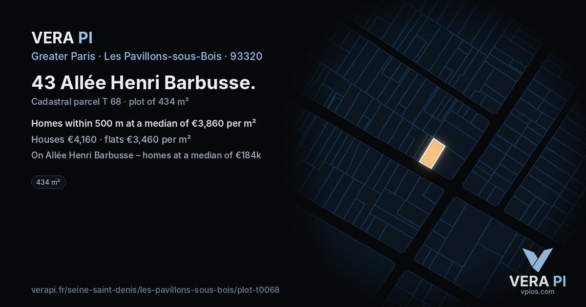 43 Allée Henri Barbusse, Les Pavillons-sous-Bois at night – the plot lit, the parcels around coloured by the prices near them