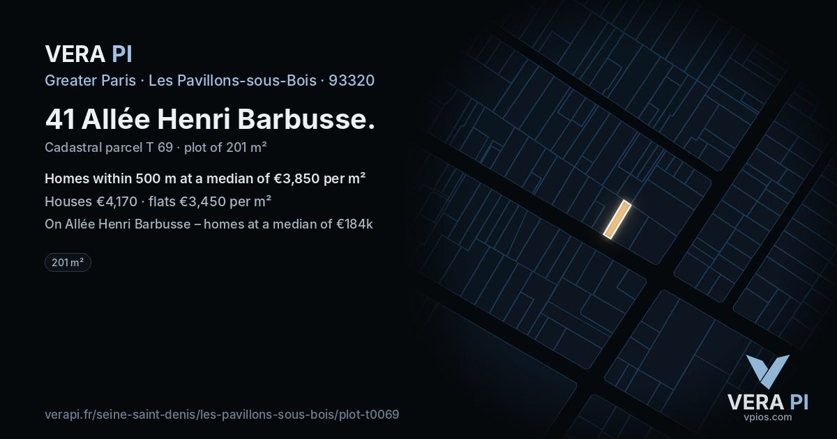 41 Allée Henri Barbusse, Les Pavillons-sous-Bois at night – the plot lit, the parcels around coloured by the prices near them