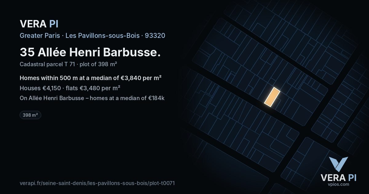35 Allée Henri Barbusse, Les Pavillons-sous-Bois at night – the plot lit, the parcels around coloured by the prices near them