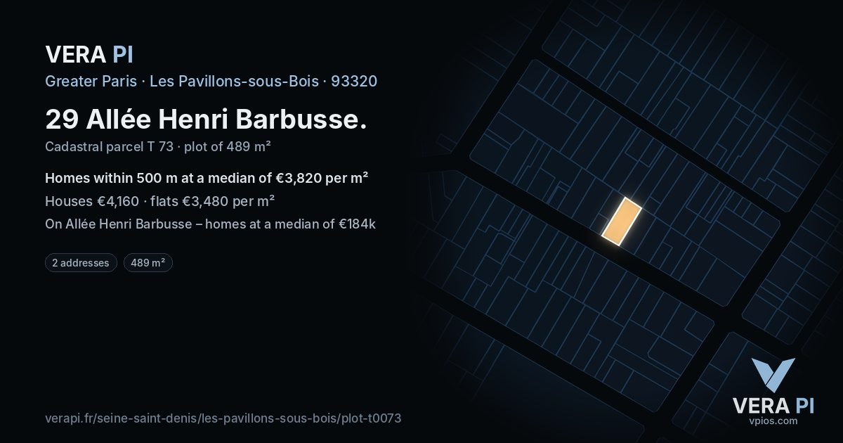 29 Allée Henri Barbusse, Les Pavillons-sous-Bois at night – the plot lit, the parcels around coloured by the prices near them