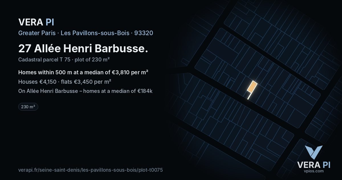 27 Allée Henri Barbusse, Les Pavillons-sous-Bois at night – the plot lit, the parcels around coloured by the prices near them