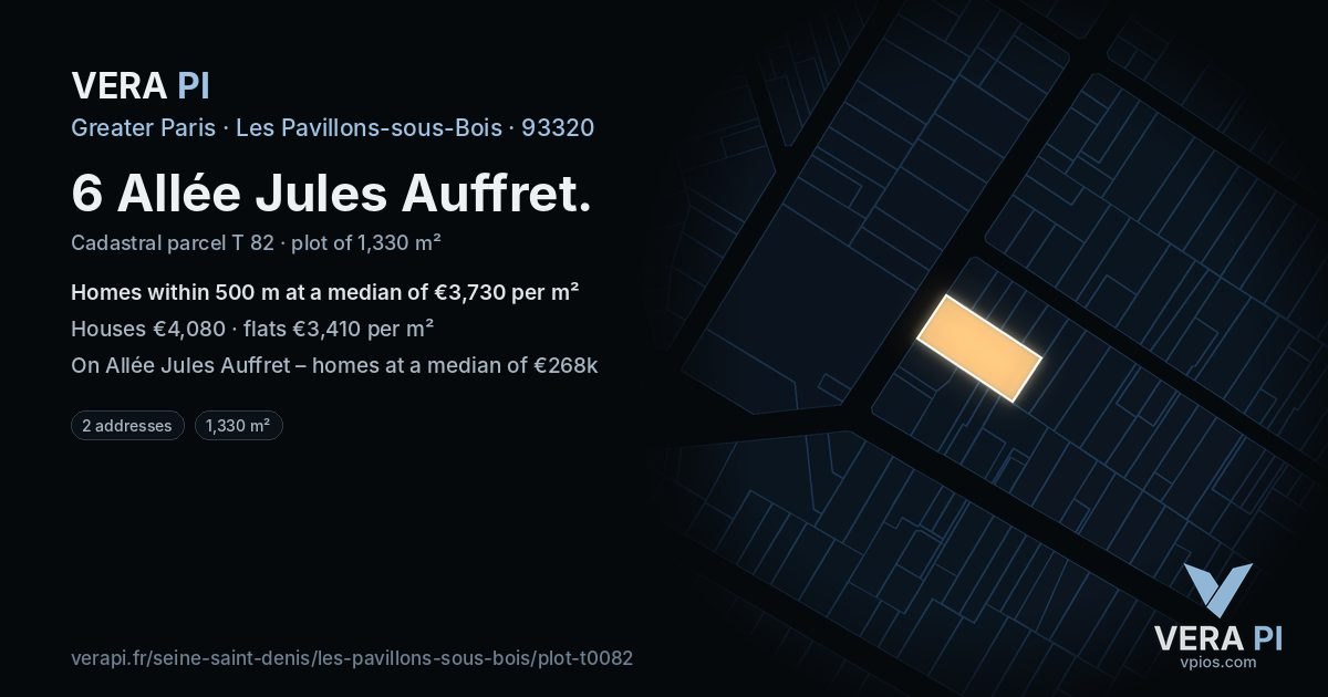6 Allée Jules Auffret, Les Pavillons-sous-Bois at night – the plot lit, the parcels around coloured by the prices near them