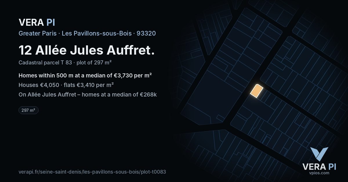 12 Allée Jules Auffret, Les Pavillons-sous-Bois at night – the plot lit, the parcels around coloured by the prices near them