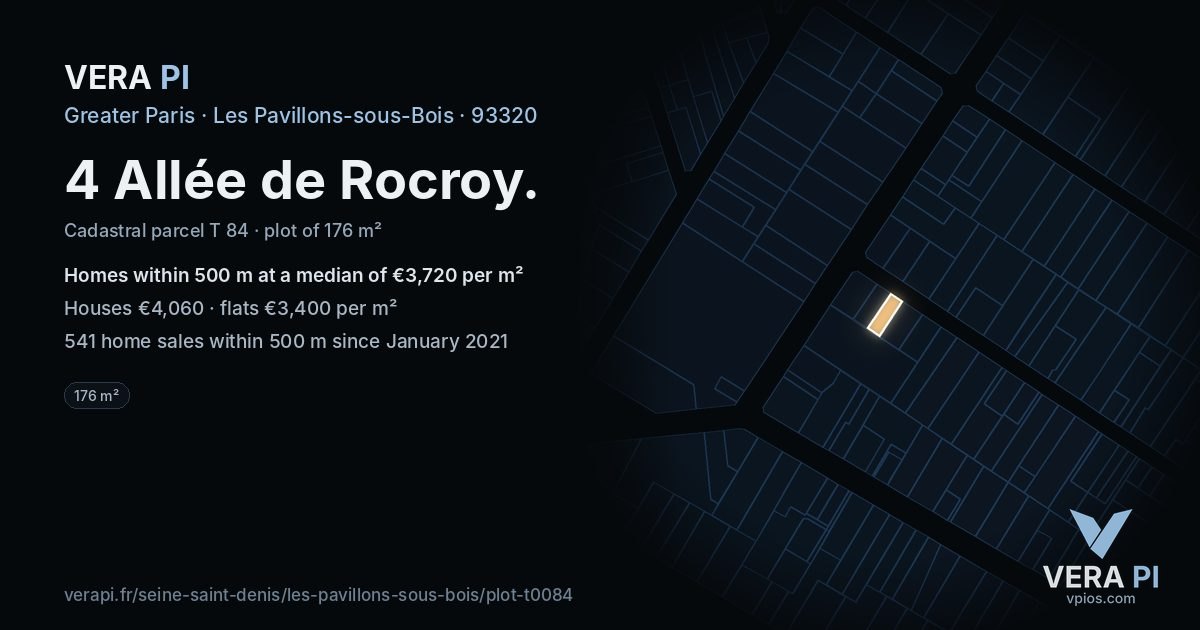 4 Allée de Rocroy, Les Pavillons-sous-Bois at night – the plot lit, the parcels around coloured by the prices near them