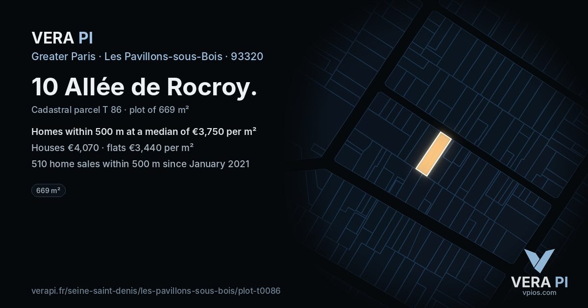 10 Allée de Rocroy, Les Pavillons-sous-Bois at night – the plot lit, the parcels around coloured by the prices near them