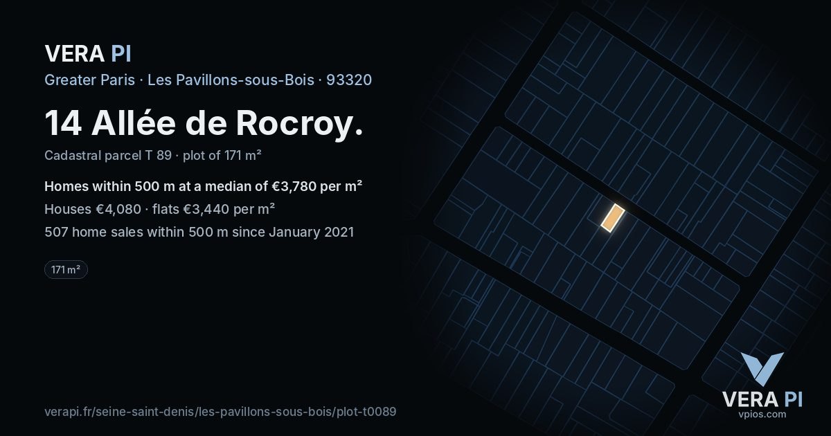 14 Allée de Rocroy, Les Pavillons-sous-Bois at night – the plot lit, the parcels around coloured by the prices near them