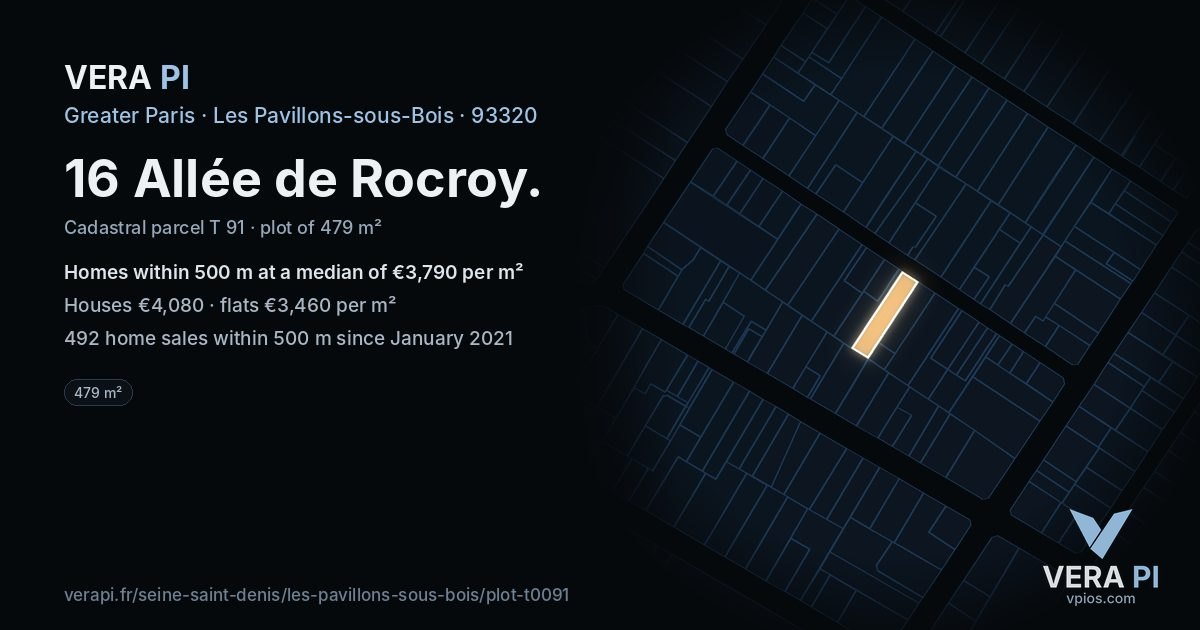 16 Allée de Rocroy, Les Pavillons-sous-Bois at night – the plot lit, the parcels around coloured by the prices near them