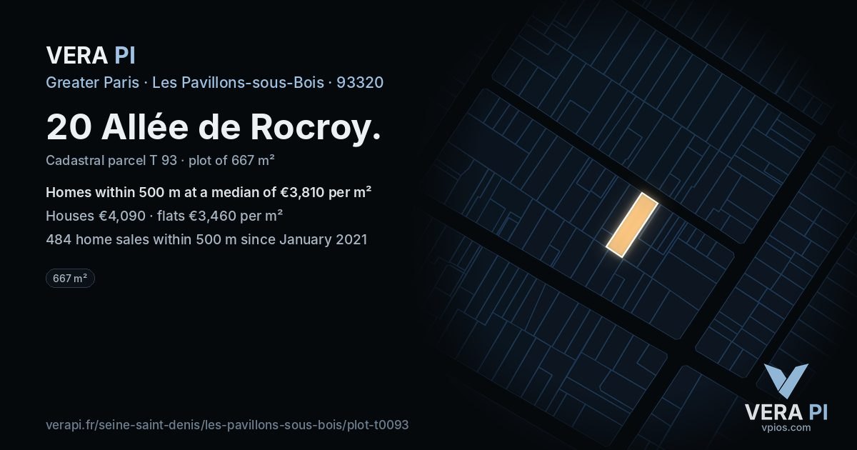 20 Allée de Rocroy, Les Pavillons-sous-Bois at night – the plot lit, the parcels around coloured by the prices near them