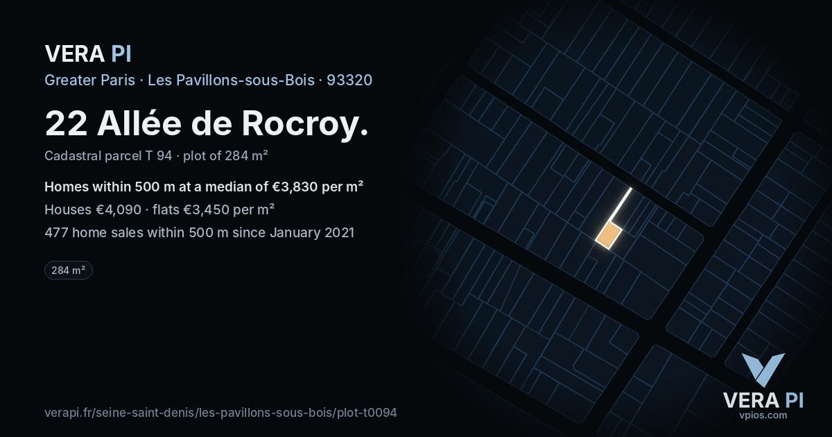 22 Allée de Rocroy, Les Pavillons-sous-Bois at night – the plot lit, the parcels around coloured by the prices near them