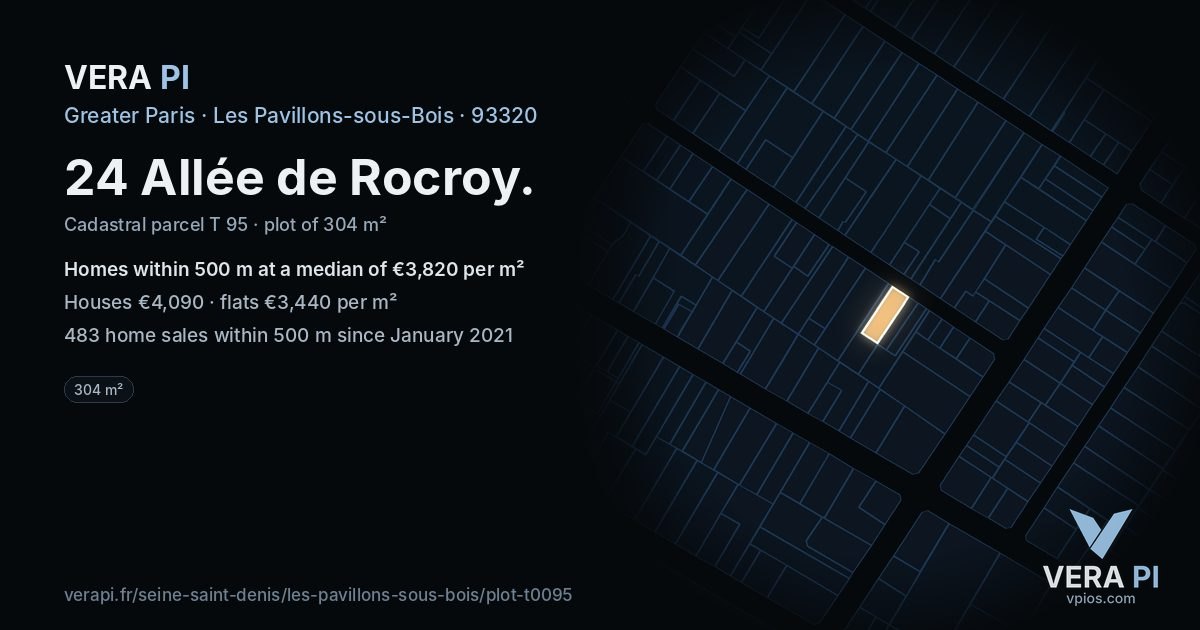 24 Allée de Rocroy, Les Pavillons-sous-Bois at night – the plot lit, the parcels around coloured by the prices near them