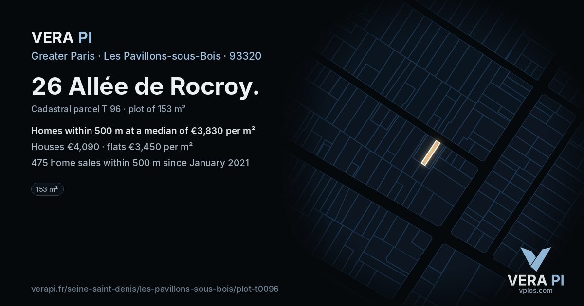 26 Allée de Rocroy, Les Pavillons-sous-Bois at night – the plot lit, the parcels around coloured by the prices near them