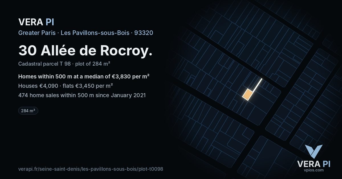 30 Allée de Rocroy, Les Pavillons-sous-Bois at night – the plot lit, the parcels around coloured by the prices near them
