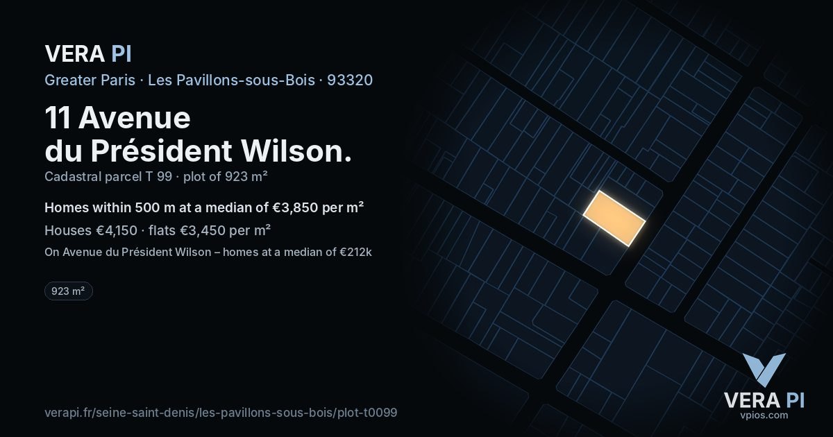 11 Avenue du Président Wilson, Les Pavillons-sous-Bois at night – the plot lit, the parcels around coloured by the prices near them