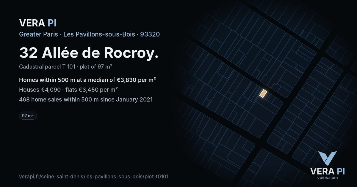 32 Allée de Rocroy, Les Pavillons-sous-Bois at night – the plot lit, the parcels around coloured by the prices near them