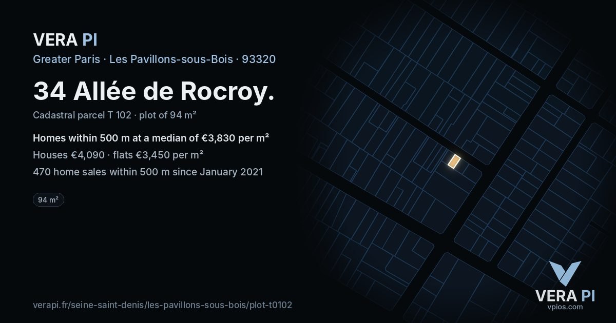 34 Allée de Rocroy, Les Pavillons-sous-Bois at night – the plot lit, the parcels around coloured by the prices near them
