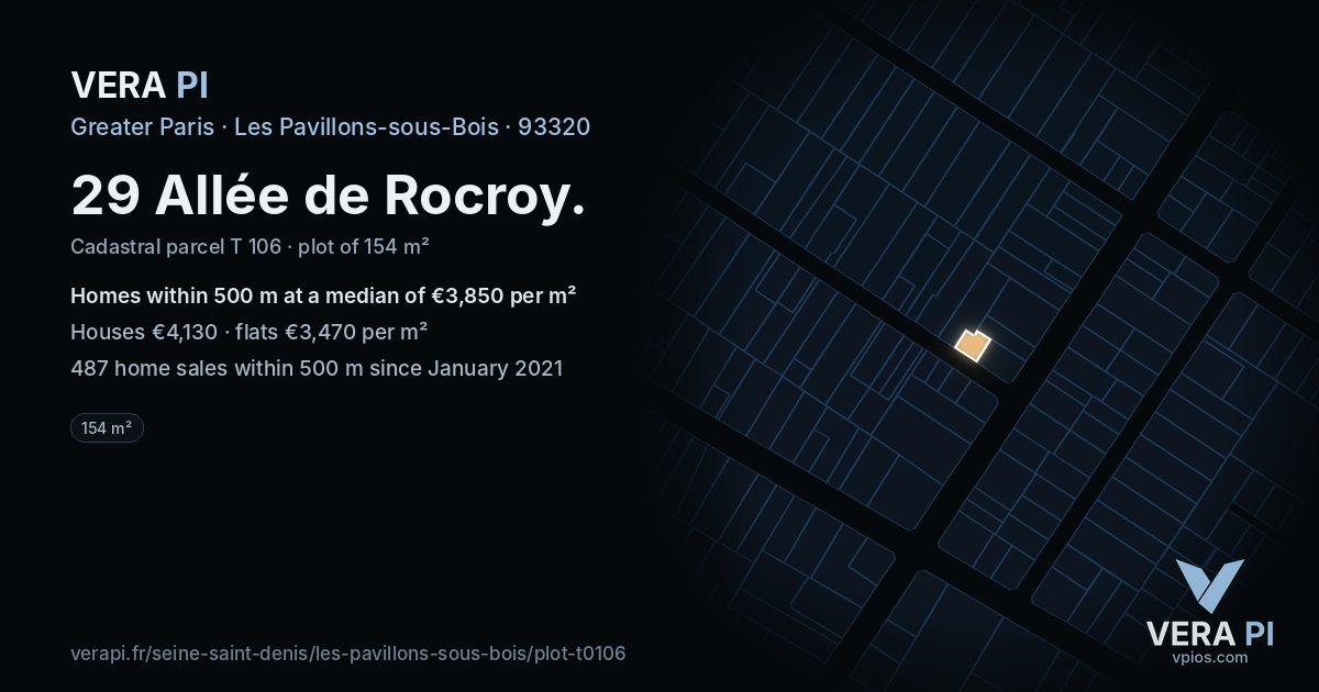 29 Allée de Rocroy, Les Pavillons-sous-Bois at night – the plot lit, the parcels around coloured by the prices near them