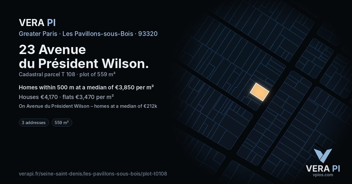 23 Avenue du Président Wilson, Les Pavillons-sous-Bois at night – the plot lit, the parcels around coloured by the prices near them